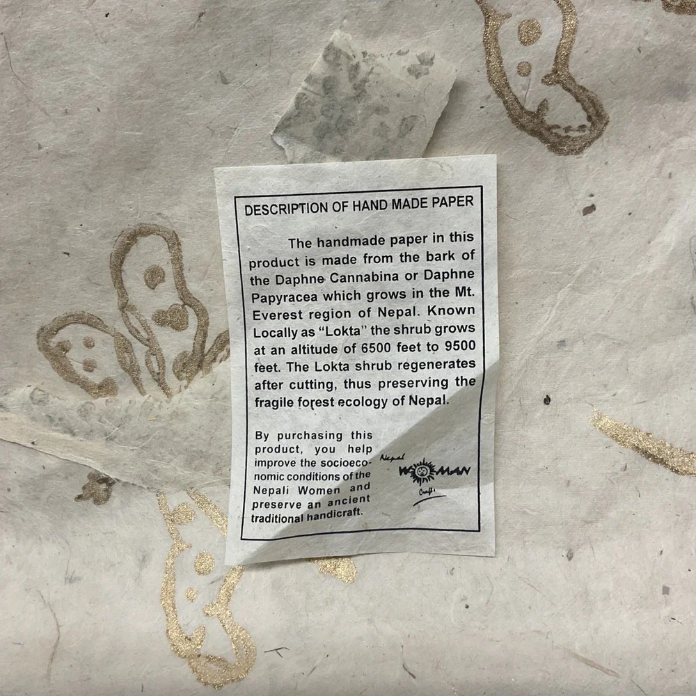 Nepali Handmade Lokta Paper Gold Block Print Elephant Dragonfly Floral 20x30